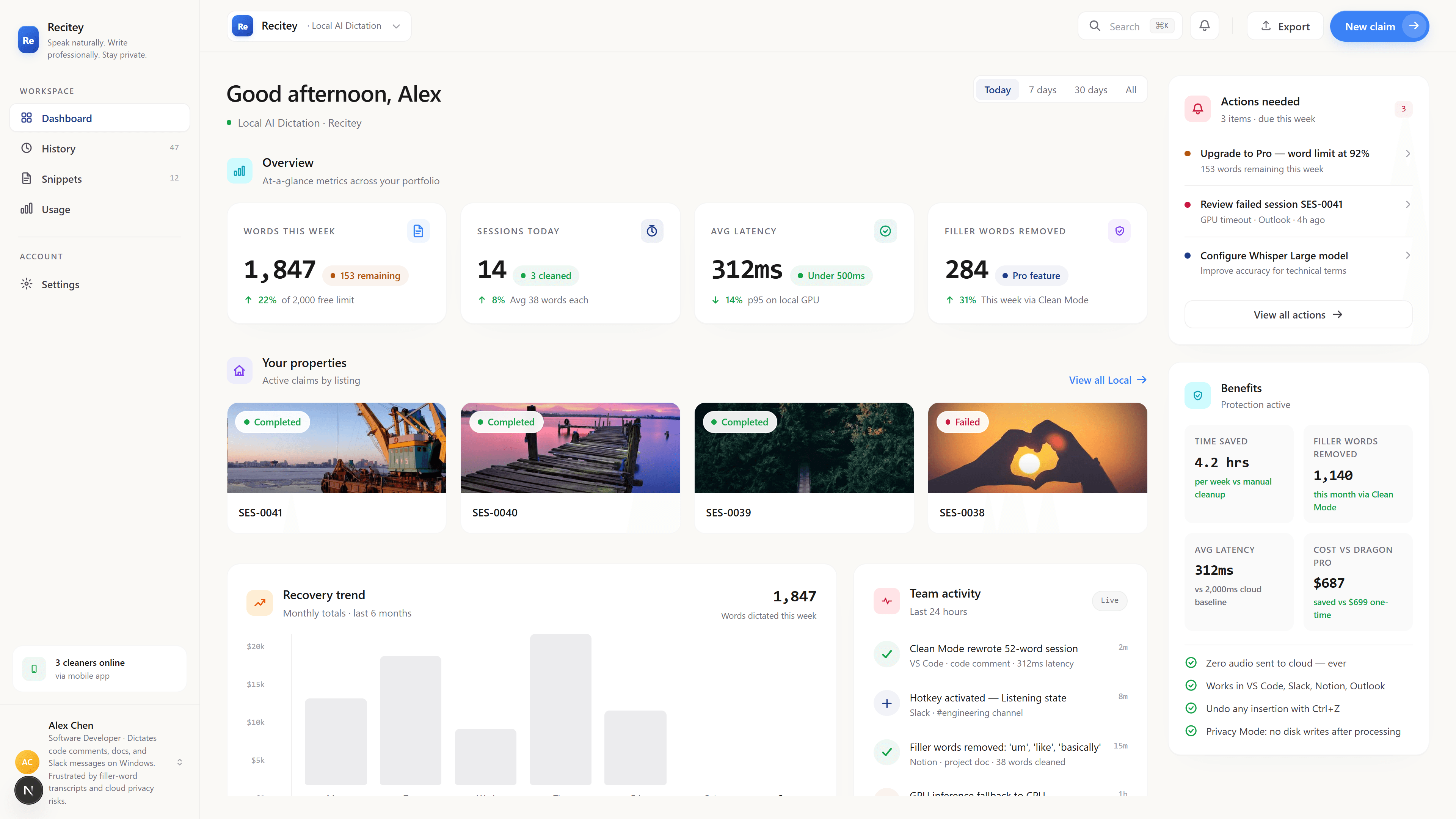 recitey Dictation hub screen