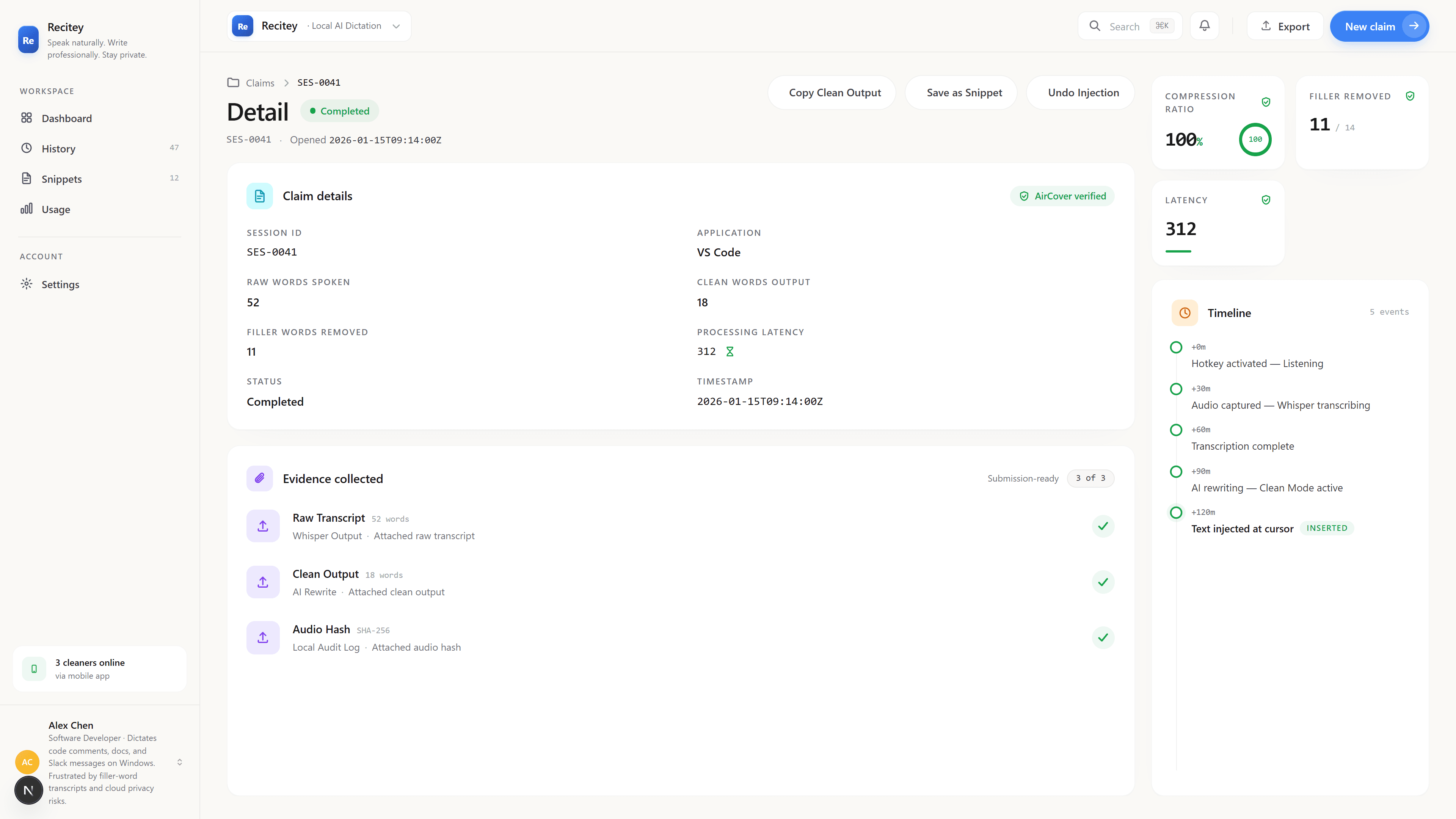 recitey Refined transcript screen